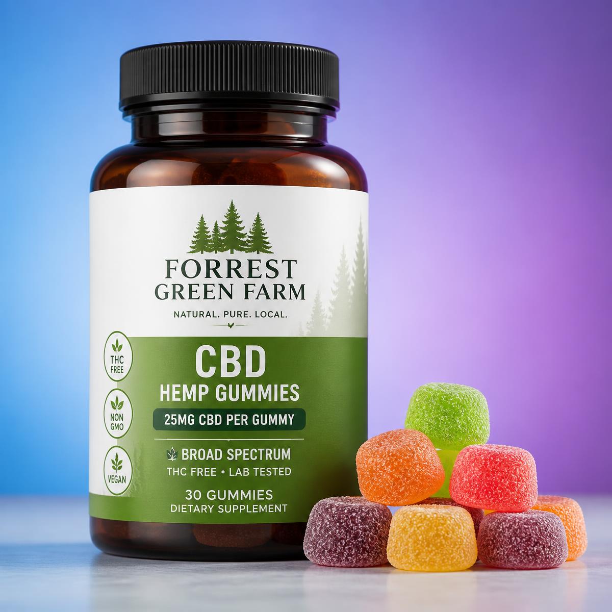 Bottle of Forrest Green Farm CBD Gummies with full-spectrum hemp gummies beside it