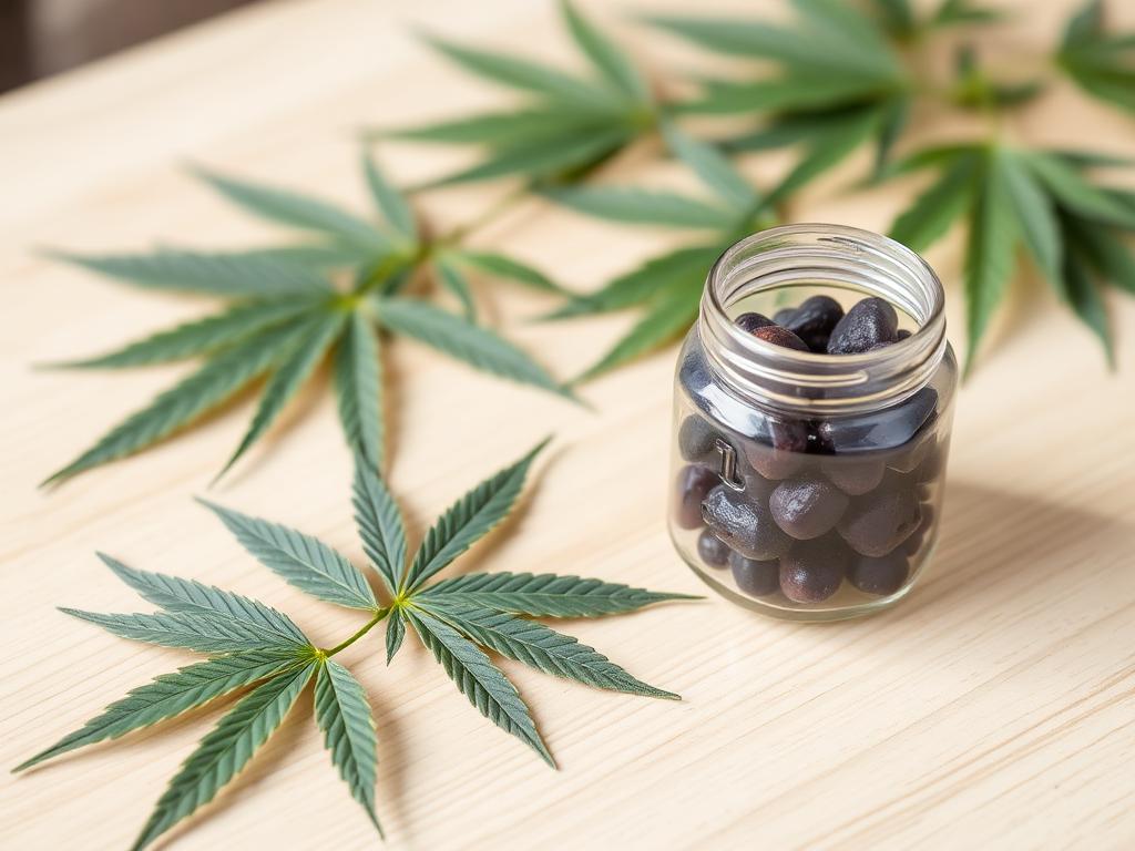 Hemp leaves beside a jar of CBD gummies on a light wooden table